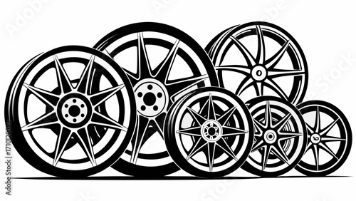 Vector art of set of car wheels concept of car service, tire shop, and auto parts with modern flat design style