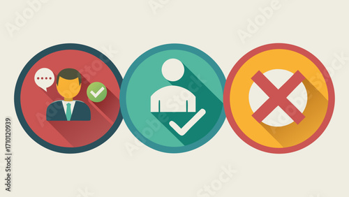 Vector art of set of approval, pending, and rejection icons, representing decisionmaking, status updates, and feedback processes