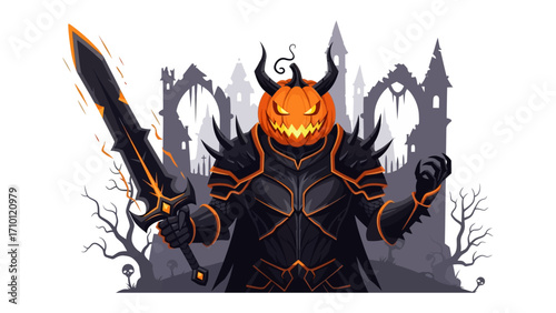 Halloween Pumpkin Knight: A formidable Pumpkin Knight, adorned in imposing armor, wields a flaming sword against a backdrop of a haunted castle, embodying the thrill of Halloween.