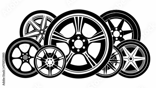 Vector art of collection of car wheel, representing automotive technology, transportation, and the automotive industry