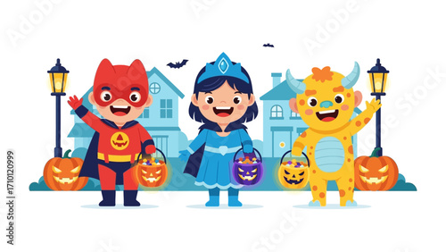 Halloween Kids Parade: Charming cartoon kids in Halloween costumes joyfully trick-or-treating, with smiling pumpkins and illuminated houses in a vibrant autumnal setting.