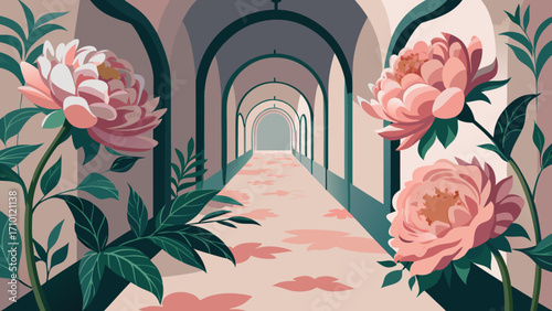 Vector art of long corridor with arches and blooming peonies in soft pink tones, creating a romantic and serene atmosphere in a minimalist illustration