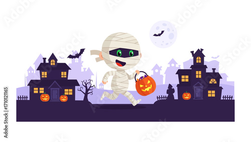 Spirited Halloween Mummy Trick-or-Treating: A cheerful cartoon mummy, draped in bandages and clutching a jack-o'-lantern treat bag, bounds through a festive Halloween night.