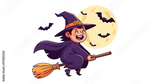 Whimsical Witch’s Flight: A cheerful witch soars through the night sky, astride a broomstick, silhouetted against a full moon, surrounded by bats in a captivating illustration.