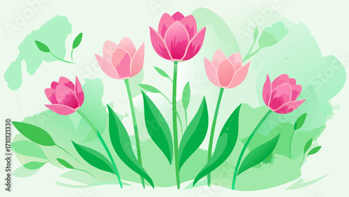 Vector art of a whimsical illustration of a tulip garden, capturing the essence of spring with its vibrant colors and playful design