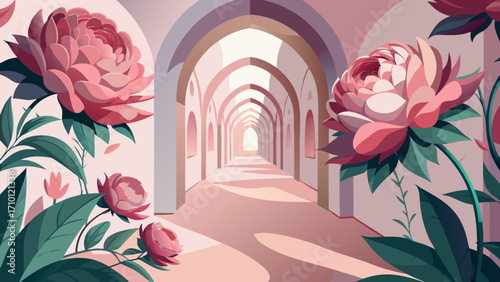 Vector art of enchanting floral hallway with pink peonies and arched passageways, creating a serene and romantic atmosphere with soft pastel colors