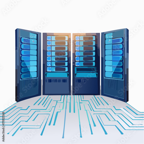 Modern Server Room with Blue Lighting – AI-Generated Vector Illustration