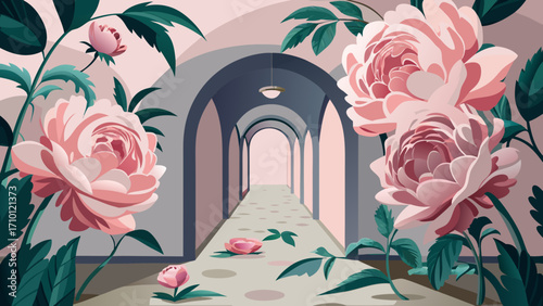 Vector art of a serene hallway adorned with blooming roses, creating a tranquil and enchanting atmosphere, inviting viewers to step into a world of floral beauty