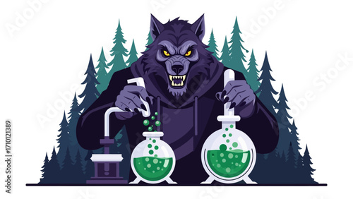 Werewolf Scientist Mixing Chemicals: A unique illustration showcasing a werewolf in a science lab. It is a creative concept of monster-science fusion and fantasy.