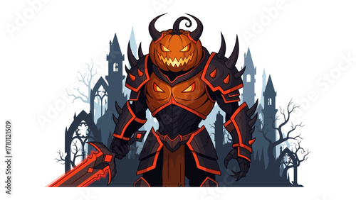 Halloween Knight: An imposing figure of a knight, with a carved pumpkin for a head, menacingly grips a glowing sword against a background of a spooky silhouette of castle.