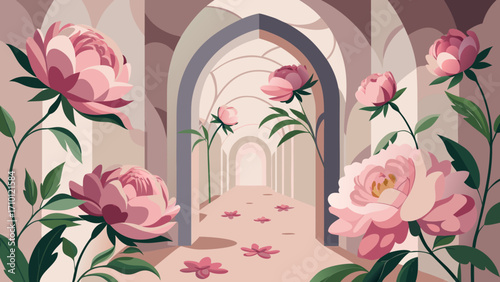 Vector art of pink peonies adorn an arched hallway, creating a serene and elegant ambiance, with scattered petals adding a touch of whimsical charm