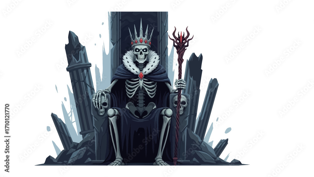 Φωτογραφία Skeleton King on the Throne: A majestic skeleton king, adorned in regal attire, sits upon a throne of shadows, embodying power and authority, depicted with a digital illustration style
