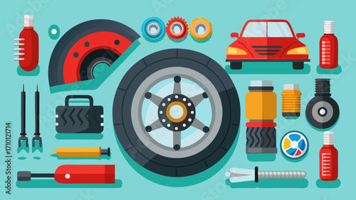 Vector art of an eyecatching flat lay illustration displaying an assortment of car components and equipment, ideal for automotive themes and repair services