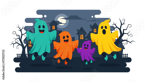 Playful Ghosts at Moon Night: A fun illustration showing colorful ghost flying happily on dark moon night with trees and houses, casting an cheerful, playful atmosphere.