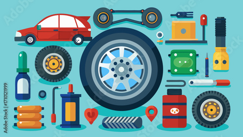 Vector art of a collection of car parts and tools arranged in a flat lay style, showcasing various automotive components and equipment for vehicle maintenance