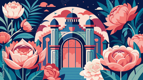 Vector art of a captivating vector illustration showcases a grand building surrounded by vibrant flowers, creating a harmonious blend of architecture and natures beauty