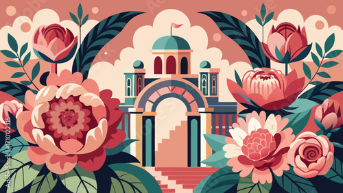 Vector art of a charming illustration of a building framed by peonies, showcasing a blend of architectural design and floral artistry in a colorful style