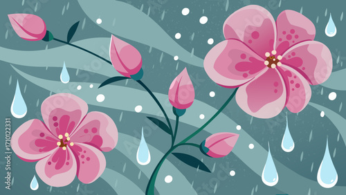 Illustration of pink cherry blossoms blooming in the rain, creating a serene and peaceful atmosphere with gentle raindrops falling on the petals