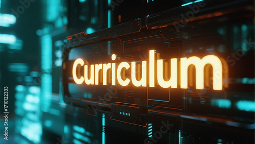 Glowing 'curriculum' text in futuristic neon-lit digital circuitry abstract background