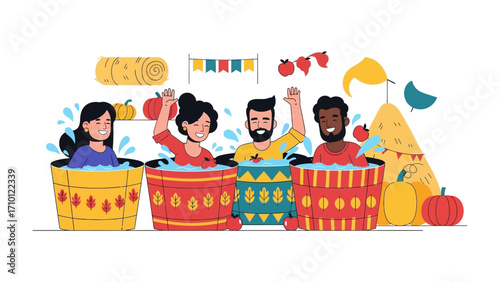 People in Festive Bathing Buckets: A vibrant illustration captures a cheerful group immersed in decorative wooden buckets, fully immersed in a lively celebratory atmosphere.