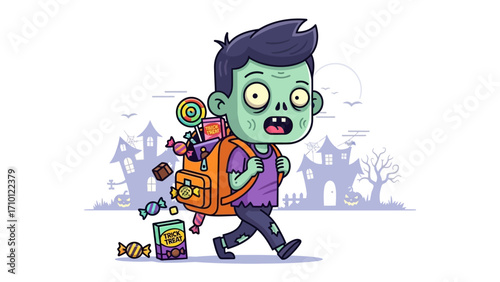 Trick or Treat Zombie: A playful cartoon zombie walks along a spooky street, loaded with treats in a backpack ready for the night's festivities. A scene of Halloween.