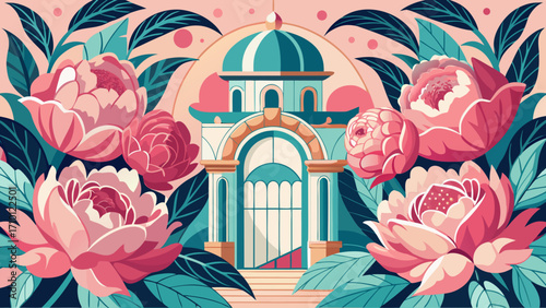 Illustration of a traditional asian building surrounded by blooming peony flowers, creating a vibrant and colorful scene with intricate details