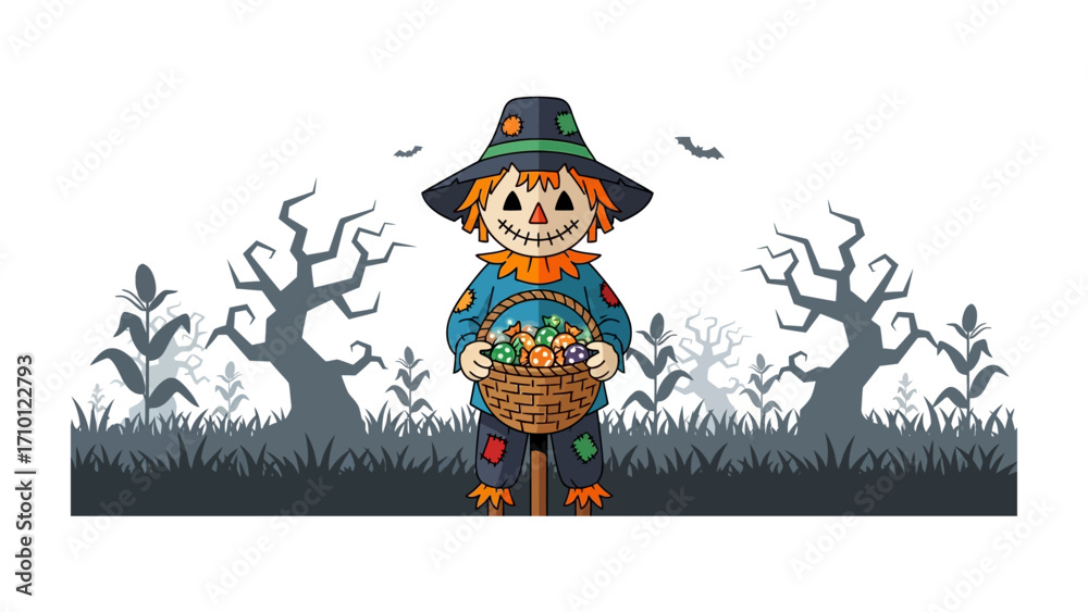 Naklejka premium Halloween Scarecrow in the Spooky Field: a delightful and festive cartoon scarecrow, is adorned with a jovial grin, stands in the midst of a spooky field.