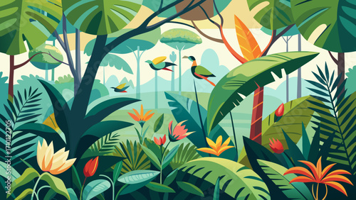 Vector art of vibrant tropical jungle scene with exotic birds, lush foliage, and colorful flowers, capturing the essence of a thriving natural ecosystem