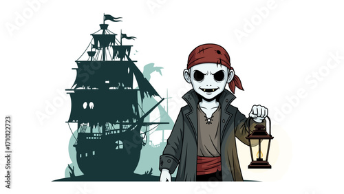 The Pirate's Vigil: A spectral illustration shows a young pirate, lantern in hand, standing before a ghostly silhouette of a tall ship. a perfect symbol for spooky tales, halloween.