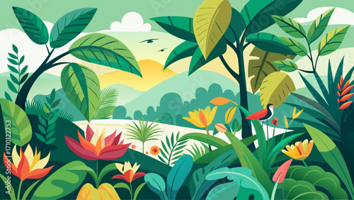 Vector art of lush tropical jungle landscape with vibrant flowers, exotic birds, and verdant foliage, creating a serene and inviting natural scene