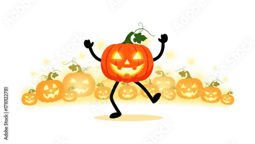 Dancing Pumpkin Illustration: A joyful illustration captures a dancing pumpkin at the heart of the Halloween season, framed by an ensemble of grinning pumpkins in a scene of spooky celebration.