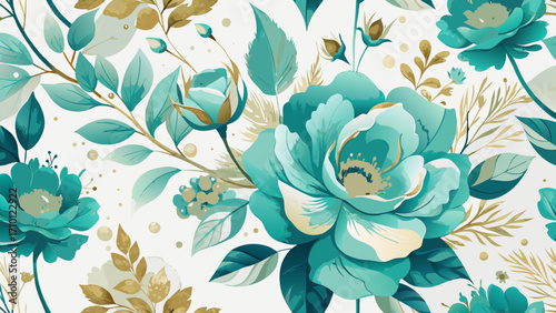 Vector art of elegant floral pattern with turquoise roses and golden accents, creating a vintageinspired design perfect for backgrounds and textile prints