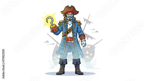 Mysterious Pirate with Hook: A spectral pirate, hook glinting, stands with an ethereal presence before a shadowed ship, embodying adventure and enigma.