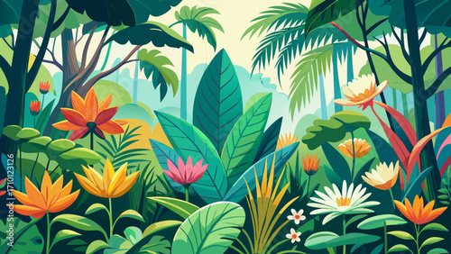 Vector art of lush tropical jungle illustration featuring vibrant flowers, dense foliage, and tall trees, creating a serene and inviting natural scene for backgrounds