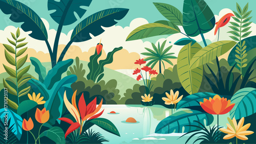 Vector art of tranquil tropical landscape illustration showcasing a stream, lush plants, and vibrant flowers, ideal for creating a peaceful and inviting background scene