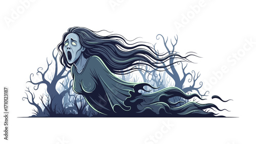 Spectral Apparition Amidst Spooky Woods: A chilling depiction of a ghostly figure, a specter of sorrow, drifting through a haunted forest, symbolizing the essence of fear and the unknown.