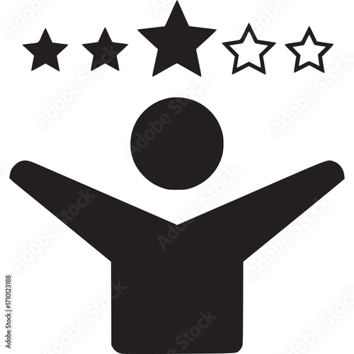 Person with raised arms and star rating icon isolated on white
