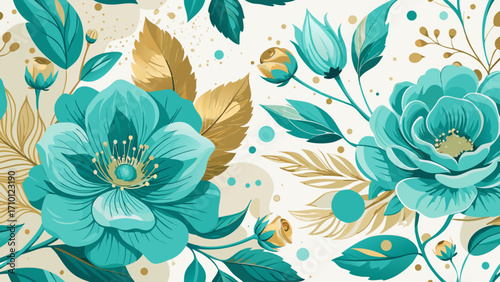 Vector art of elegant floral pattern with turquoise roses and golden leaves, creating a harmonious blend of colors and textures for a sophisticated design element