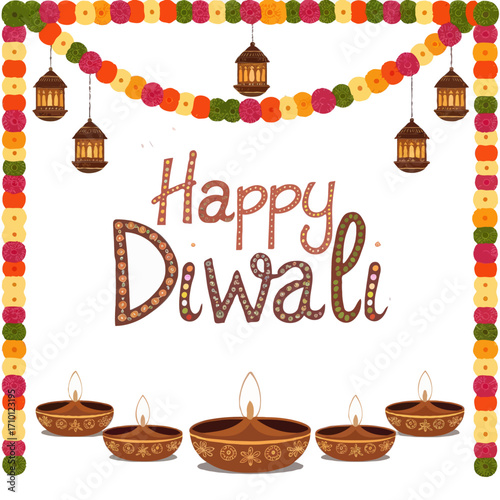 Happy diwali decorative lanterns and diyas isolated on white background
