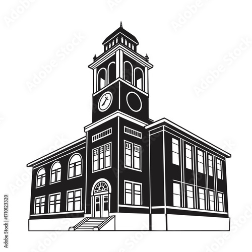 Classic municipal building with a prominent clock tower, vector illustration. Black and white graphic icon of an old courthouse or city hall architectural design
