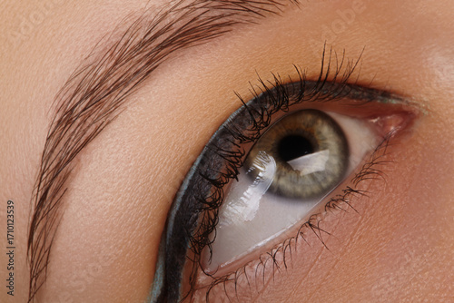 Close-up of a grey female eye with black eyeliner and blue eyeshadows makeup. Macro photo for Beauty salon, Ophthalmology Clinic, Healthy vision correction or Make-up Artist