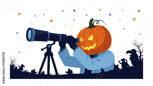Pumpkin Head Astronomer: An imaginative Halloween illustration where a pumpkin-headed figure gazes through a telescope, adding a spooky twist to the night sky.