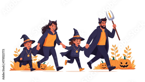 A Family's Halloween Adventure: A family dressed in Halloween costumes, embarking on a trick-or-treat adventure, joyfully and spirited.