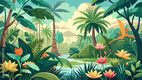 Vector art of lush tropical jungle landscape with vibrant flowers, palm trees, and a winding river, creating a serene and inviting natural scene