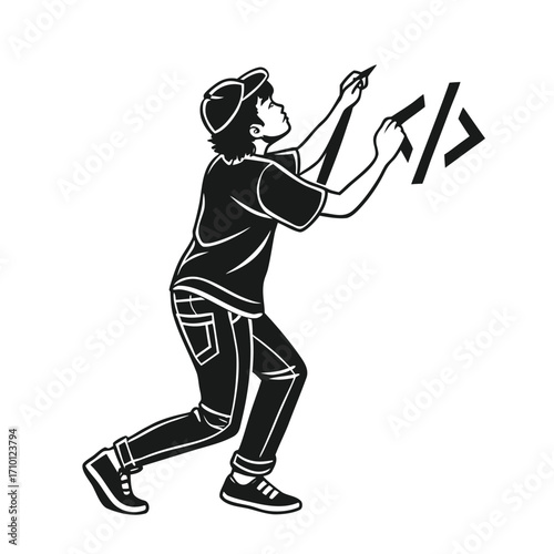 Coding Icon A Vector Image of a Focused Programmer Writing Code in Black and White