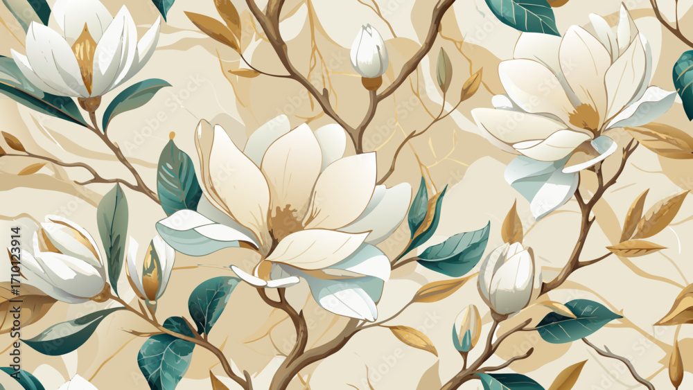 Fototapeta premium Vector art of charming seamless pattern featuring creamy white magnolias with golden accents, creating a delicate and timeless floral design for various applications