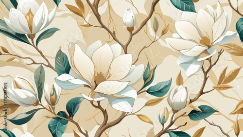 Vector art of charming seamless pattern featuring creamy white magnolias with golden accents, creating a delicate and timeless floral design for various applications