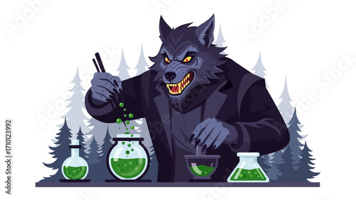 The Mad Scientist: A chilling illustration of a werewolf in a dark lab with bottles and a cauldron concocting a potion in the dead of night.