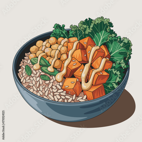 Buddha Bowl with Chickpeas and Sweet Potatoes Vector Illustration