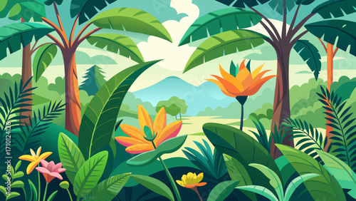 Vector art of lush tropical paradise with vibrant flowers, palm trees, and distant mountains, creating a serene and inviting natural scene for relaxation